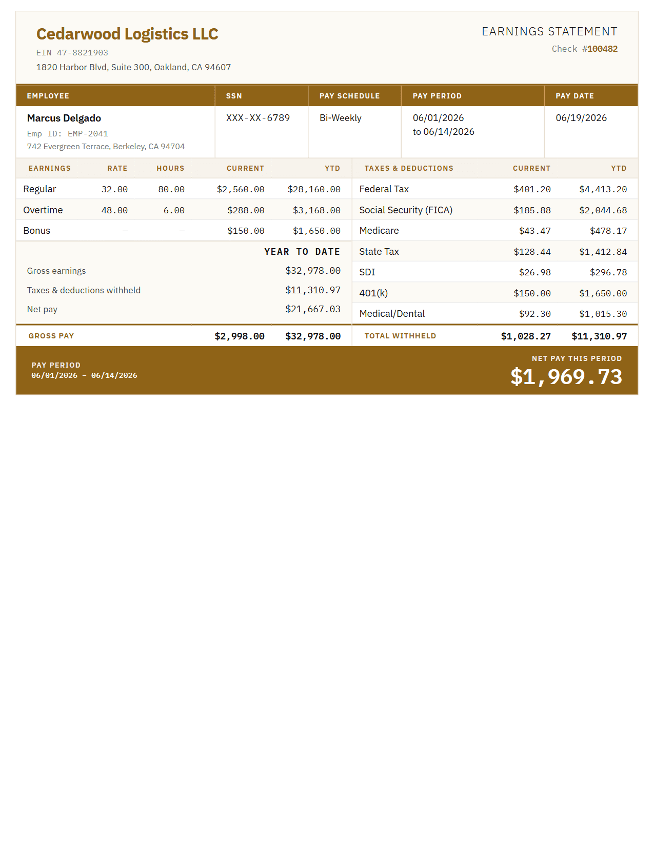 Classic pay stub template in Cream Paper