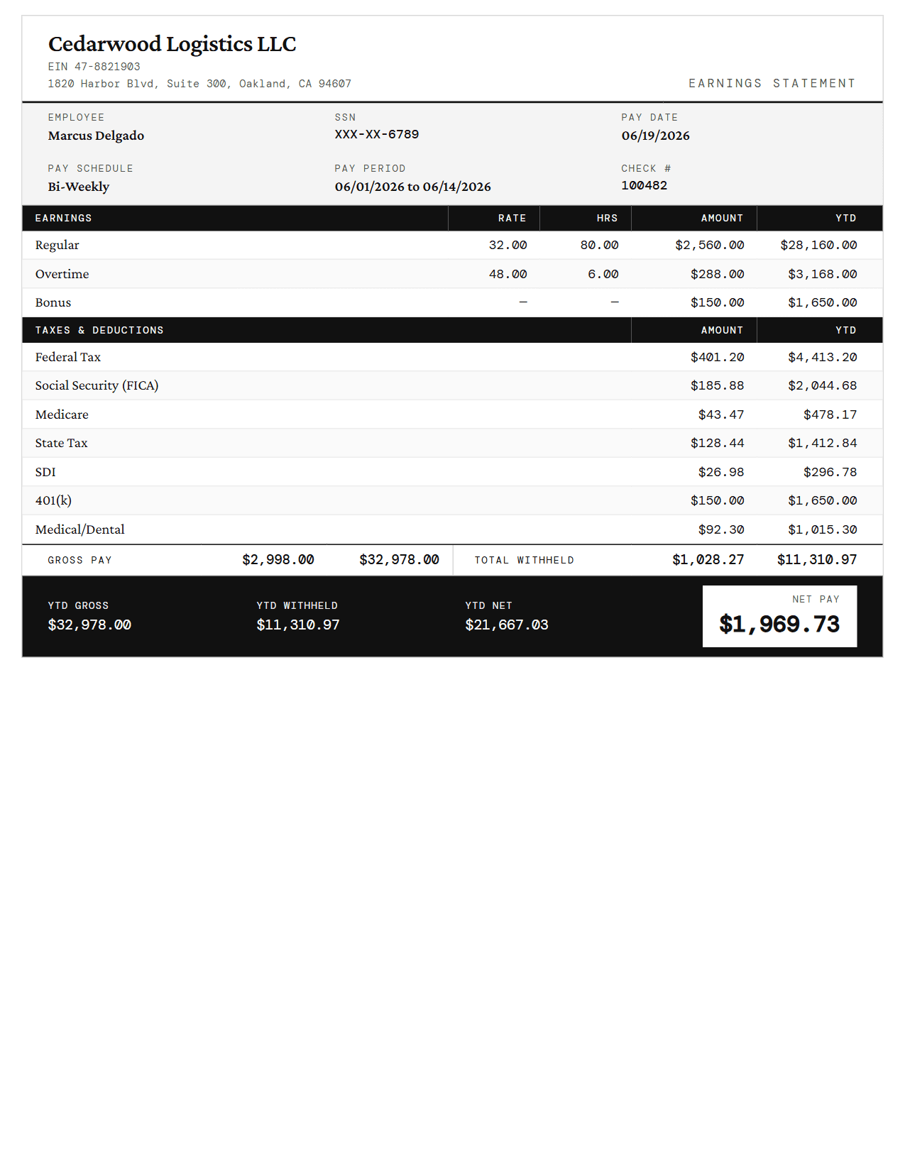Compact pay stub template in Ink Black