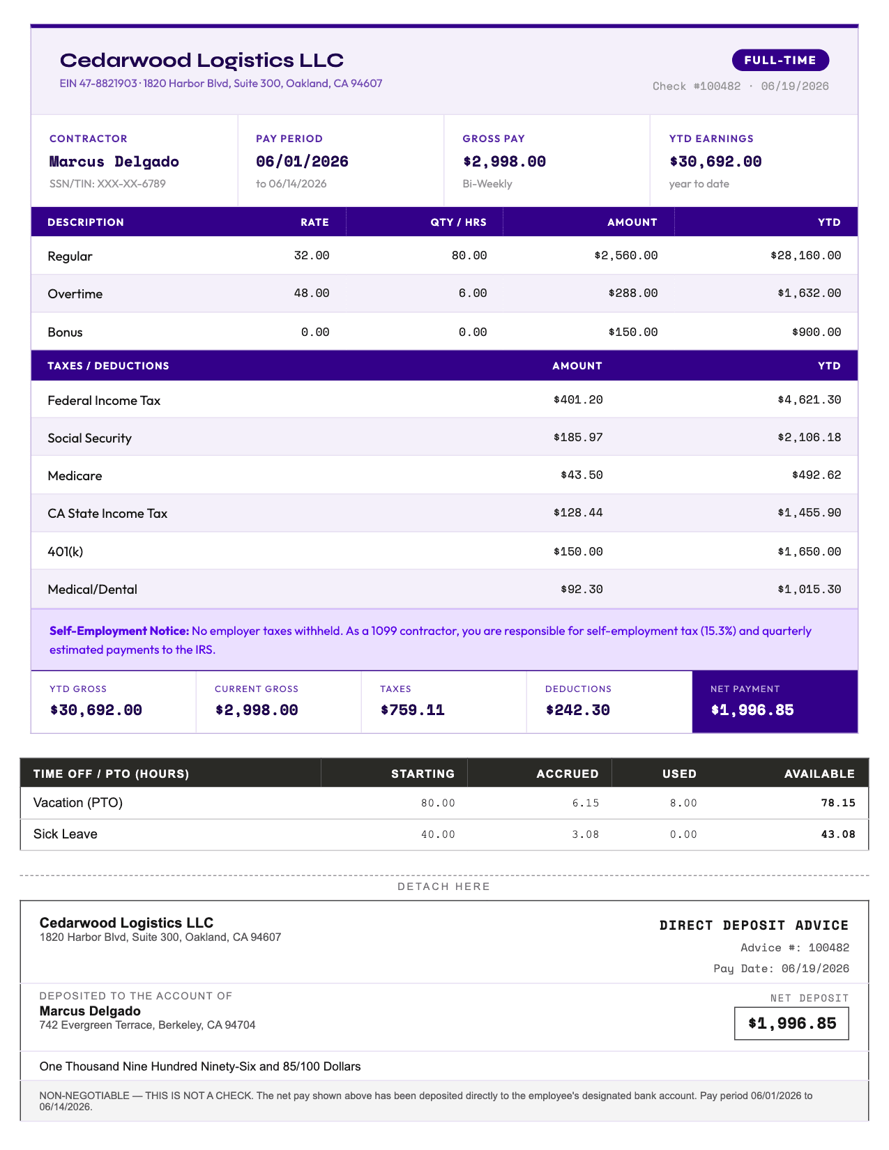 Example Contractor pay stub in Royal Purple generated with OakPaystubs showing earnings, taxes, deductions, and net pay