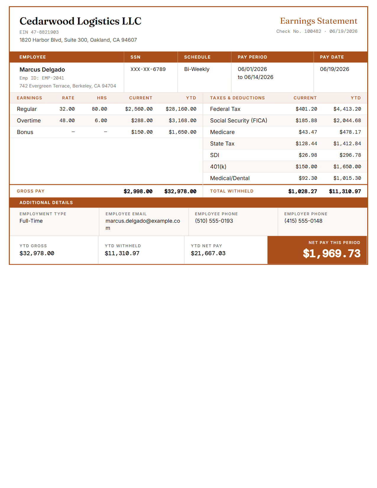 Detailed pay stub template in Burnt Orange