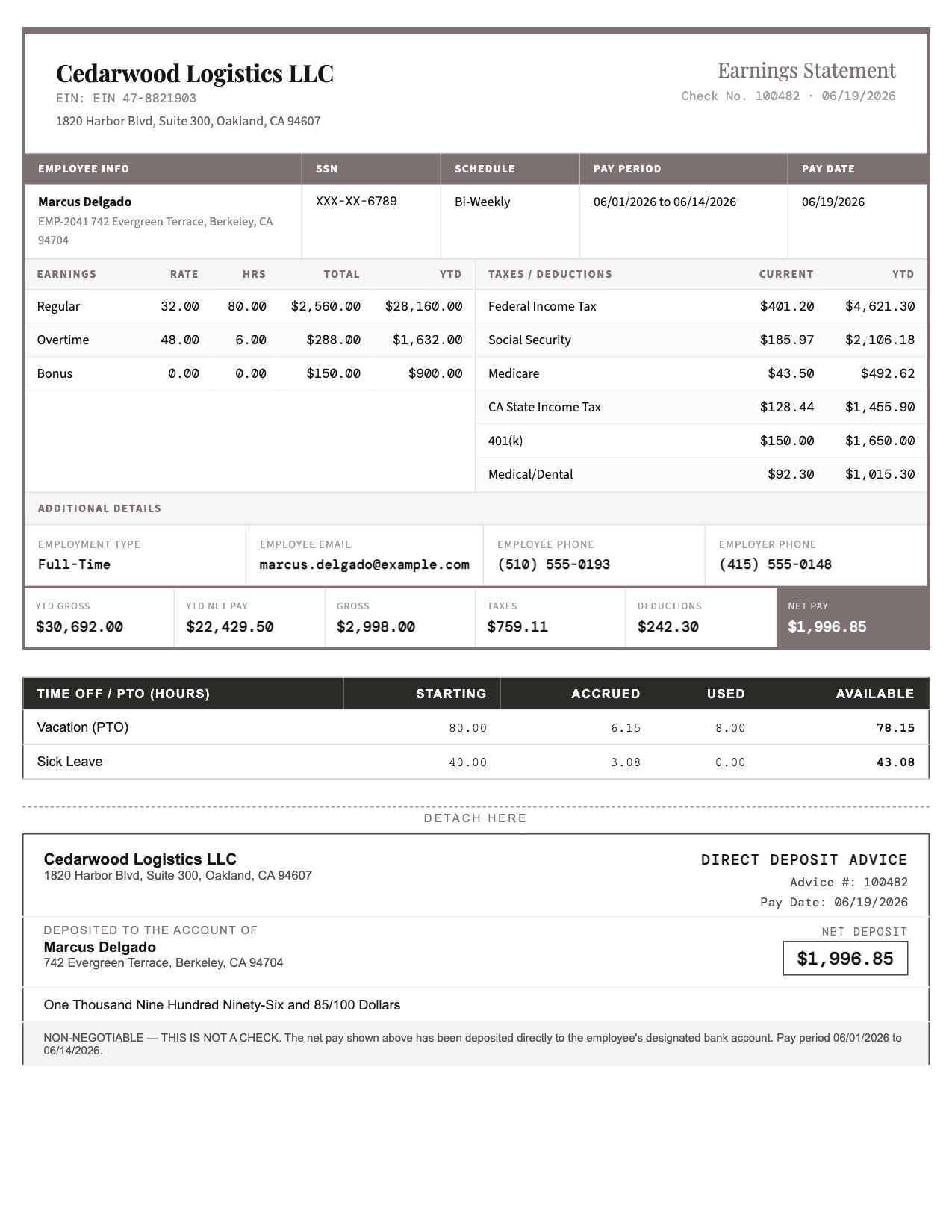Example Detailed pay stub in Silver Grey generated with OakPaystubs showing earnings, taxes, deductions, and net pay