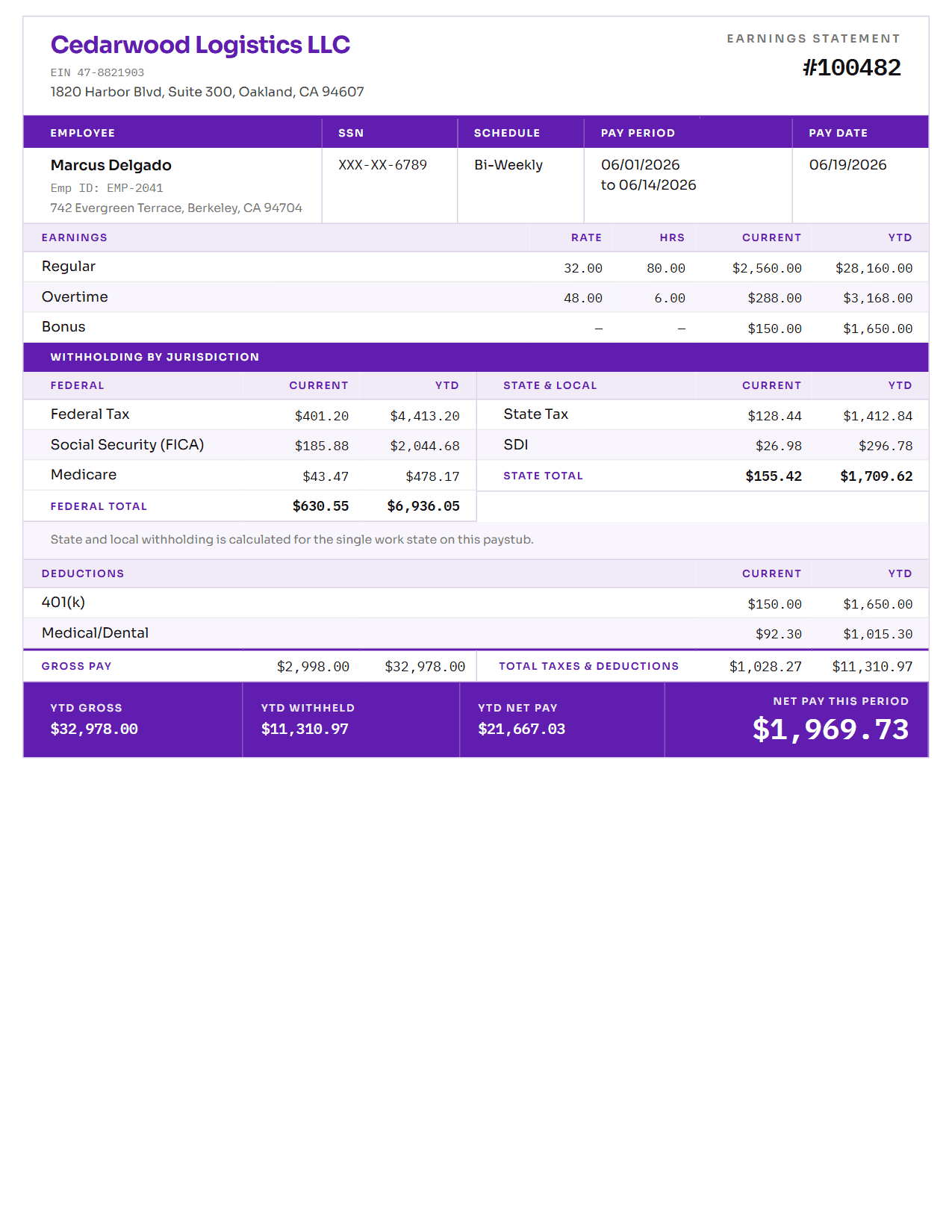 Multi-State pay stub template in Lavender