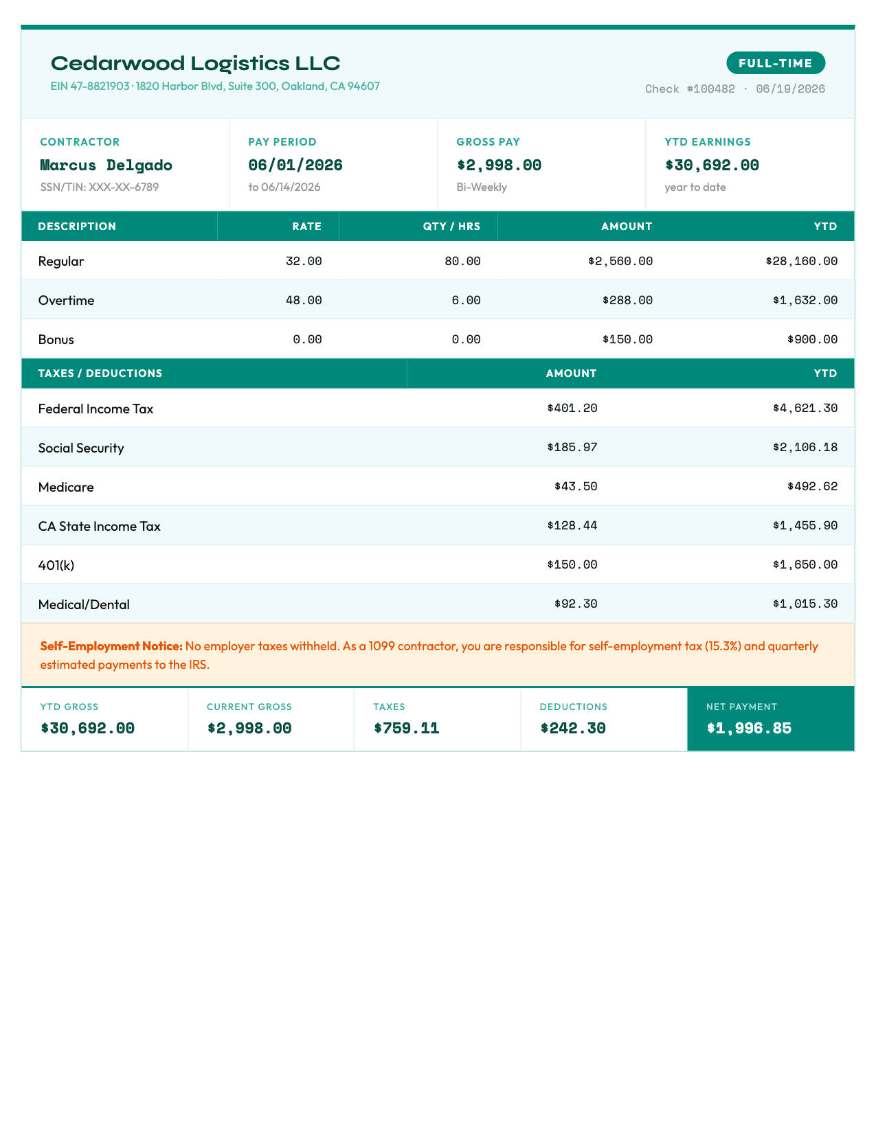 Contractor pay stub template in Teal Green