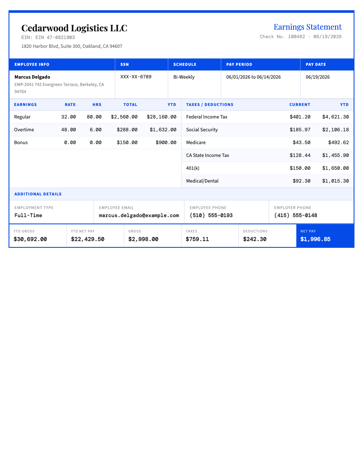 Detailed pay stub template in Ocean Blue