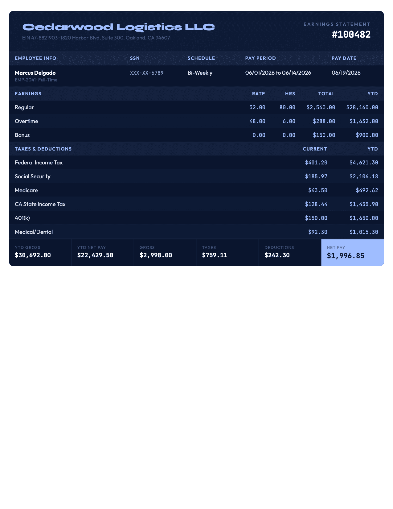 Multi-State pay stub template in Ocean Blue